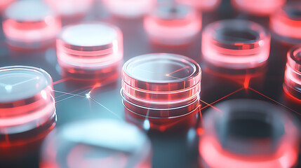 Poster - Dynamic red light technology showcase abstract coins on digital grid futuristic environment close-up view