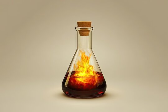 Flaming liquid in glass flask, science experiment, neutral background, potion concept, for educational or fantasy use