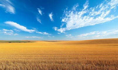 Poster - Vast golden fields under a bright blue sky with scattered clouds.
