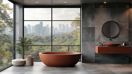 Poster - brutalist interior design interior of modern bathroom with concrete walls concrete floor comfortable brown bathtub with round mirror and round sink standing on it