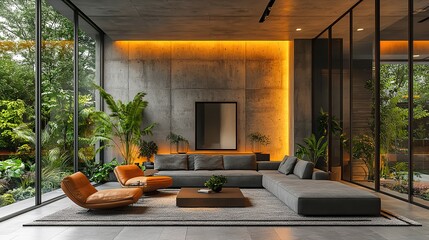 Poster - brutalist interior design interior of modern living room with concrete walls concrete floor gray sofa and armchair and coffee table