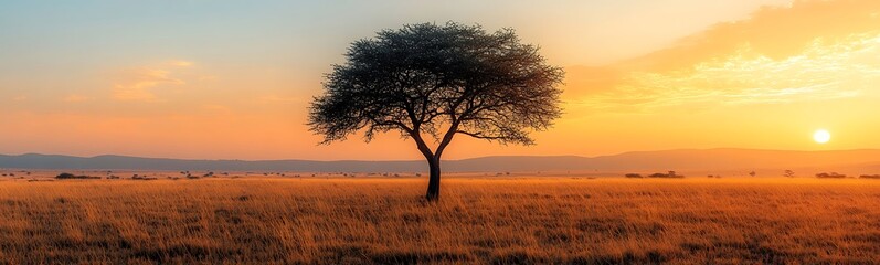 Poster - A solitary tree stands in a golden field at sunset, casting long shadows against the warm sky.