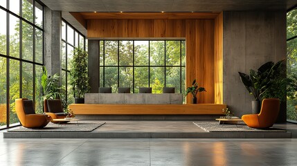 Fototapete - brutalist interior design interior of modern office with wooden walls concrete floor and large windows