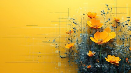 Poster - buttercup flower design on a yellow background with architectural blueprint elements symbolizing growth and innovation in technology engineering or architecture