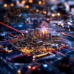 Poster - Captivating night aerial view of a sprawling metropolis with gleaming futuristic skyscrapers interconnected network of glowing lights and a vibrant cyberpunk inspired cityscape
