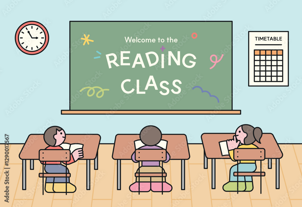 Children reading books in a classroom with a chalkboard that says ...