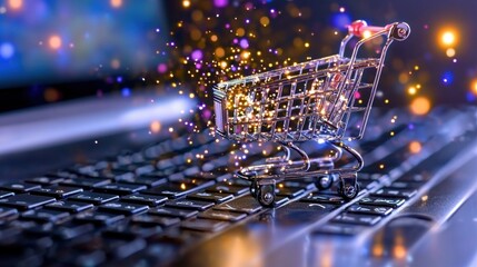 Poster - Magical digital shopping cart against dark background with glowing sparkling lights on laptop keyboard representing the futuristic