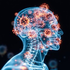 Poster - a futuristic 3d digital depicting the microscopic and molecular details of coronavirus infection and