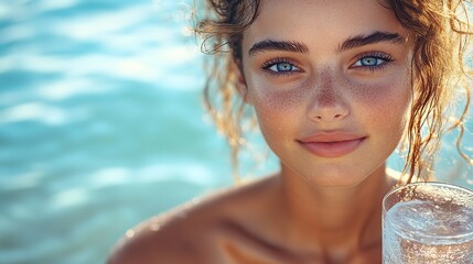 Poster - close up portrait of young woman drinking on the beach summer vibes