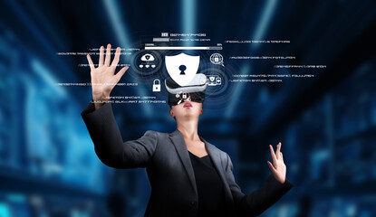 A businesswoman engages with a virtual reality headset, exploring cyber security and data privacy in a modern online environment with digital icons and security visuals. XDMCP