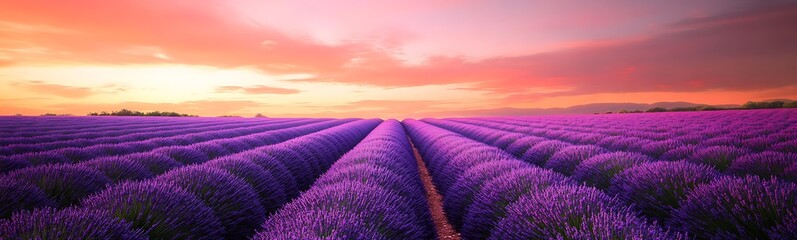 Poster - Vibrant lavender fields under a colorful sunset sky create a serene landscape.