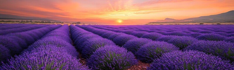 Poster - Vibrant lavender fields under a stunning sunset sky, showcasing nature's beauty and tranquility.