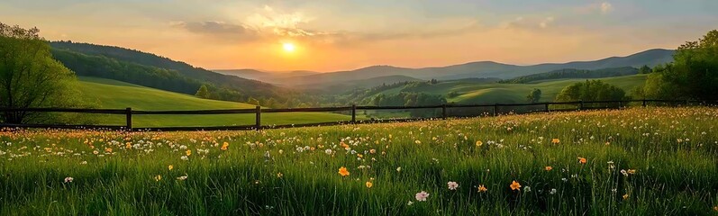 Aufkleber - Serene sunset over a lush meadow filled with wildflowers and rolling hills in the background.