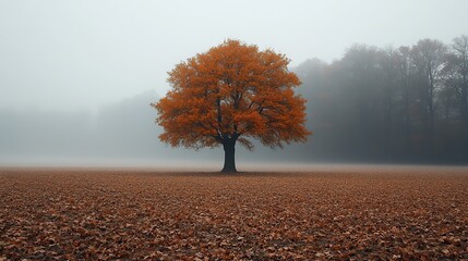 Poster - countryside landscape with lonely tree in the middle of the fields misty horizon