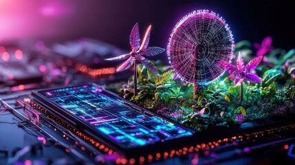 Poster - Surreal and imaginative digital art portrayal of a fantastical landscape with glowing neon lit structures celestial elements and a captivating dreamlike atmosphere