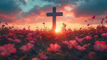 Aufkleber - cross and spring flowers in the field retro style toned image