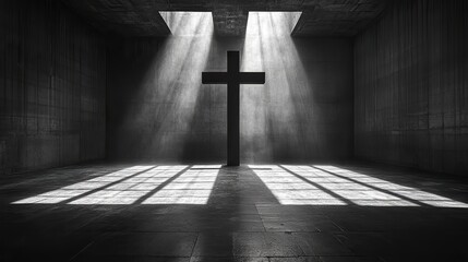 Aufkleber - cross in a dark room with lights filtering on the wall black and white image