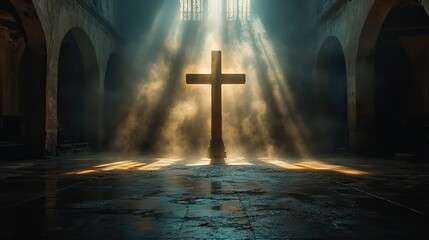 Aufkleber - cross in a dark room with rays of light passing through it