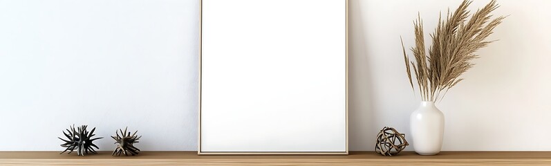 Poster - Minimalist interior featuring a blank canvas, vase, and natural decor on a wooden surface.