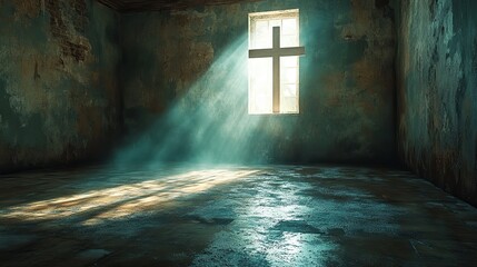 Fototapete - cross in an empty room light coming from the window 3d rendering