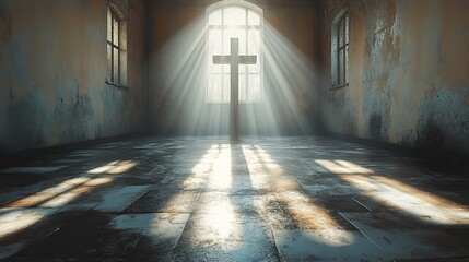 Poster - cross in an empty room light coming from the window 3d rendering