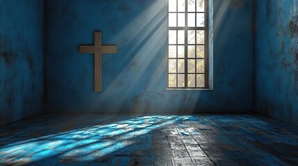 Aufkleber - cross in empty room with blue wall and floor sunlight coming from the window 3d rendering