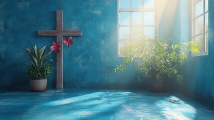 Aufkleber - cross in empty room with blue wall and floor sunlight coming from the window 3d rendering