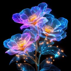 Poster - Mesmerizing Glowing Floral Digital Art with Ethereal Luminescence and Vibrant Iridescent Hues  Captivating abstract image of glowing ethereal flowers with intricate petals and a futuristic