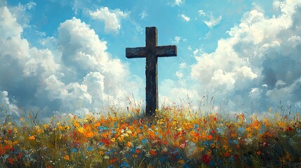 Aufkleber - cross in the meadow with blue sky and clouds illustration