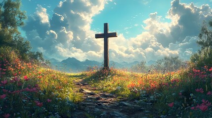 Aufkleber - cross in the meadow with blue sky and clouds illustration