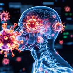 Poster - virus outbreak impacts brain and nervous system futuristic digital of microscopic virus cells affect