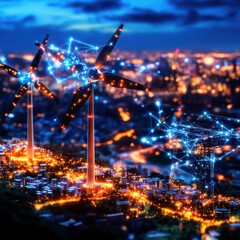 Poster - Vibrant nighttime cityscape with a shimmering skyline of tall skyscrapers and buildings illuminated by a multitude of colorful lights and neon signs