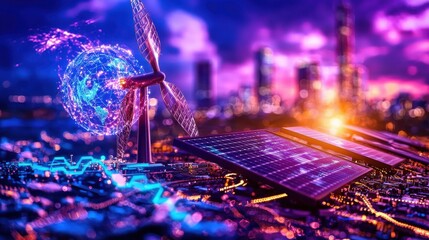 Poster - futuristic cityscape with glowing illuminated skyscrapers and solar panels representing the of moder