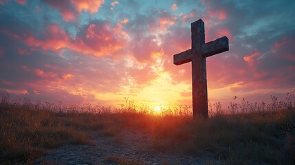 Aufkleber - cross of jesus christ at sunset easter background illustration