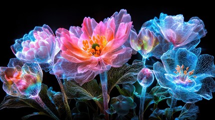 Poster - Captivating digital artwork showcasing an ethereal and vibrant floral arrangement in a dreamlike psychedelic and holographic style