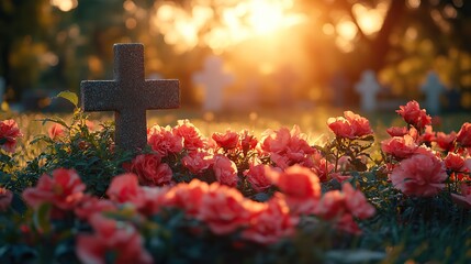 Aufkleber - cross on the background of a bouquet of flowers in the sunlight