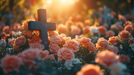 Aufkleber - cross on the background of a bouquet of flowers in the sunlight