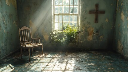 Aufkleber - cross on the wall in a simple room with a window and a chair