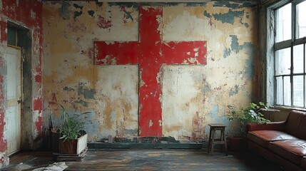 Aufkleber - cross on the wall in an empty room raw materials