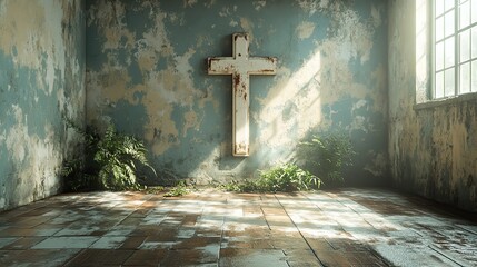 Aufkleber - cross on the wall in an empty room raw materials