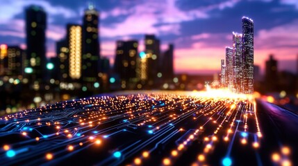 Poster - Mesmerizing aerial view of a bustling metropolitan city at night with a towering skyline of illuminated skyscrapers busy highways and roads crisscrossing the landscape