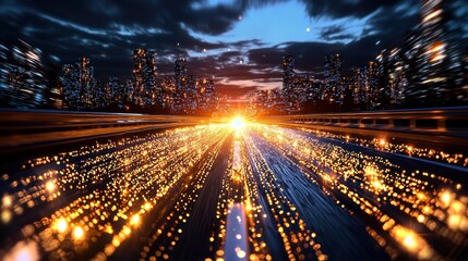 Poster - Vibrant and Illuminated Metropolis Skyline at Sunset Reflecting in a Waterway with a Dynamic and Futuristic Urban Cityscape Backdrop  Represents the Growth