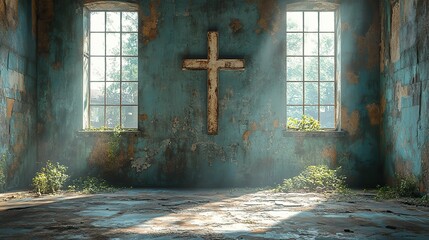 Poster - cross on the wall in an empty room raw materials