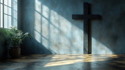 Aufkleber - cross shadow on the wall 3d render concept of religion