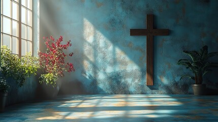 Aufkleber - cross shadow on the wall of an empty room in the sunlight 3d render concept of religion