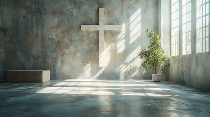 Aufkleber - cross shadow on the wall of an empty room in the sunlight 3d render concept of religion
