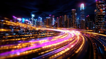 Poster - Dazzling Metropolis Skyline with Streaming Traffic Lights at Night   Vibrant cityscape with towering skyscrapers glowing neon lights and blurred motion of vehicles on the road creating a futuristic