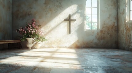 Fototapete - cross shadow on the wall of an empty room in the sunlight 3d render concept of religion