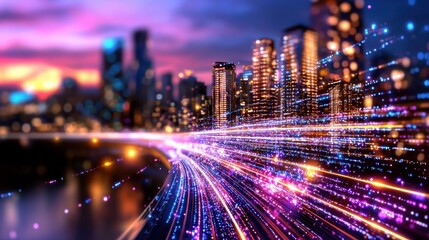 Poster - Mesmerizing panoramic view of a vibrant futuristic cityscape with illuminated skyscrapers and blurred motion trails of transportation at night