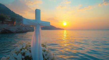 Aufkleber - cross with white cloth on the lake at sunset